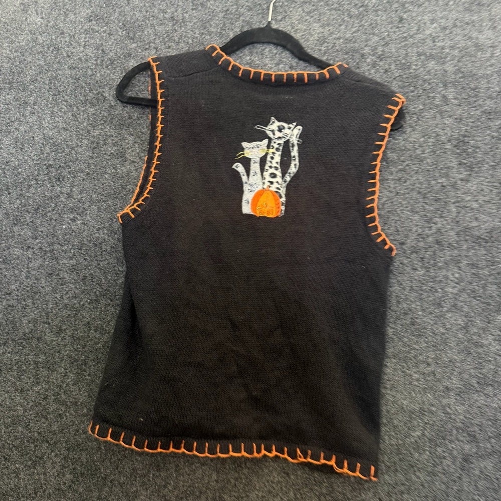 White Stag Vintage 90s Halloween Cat Pumpkin Moon Knit Sweater Vest Black Small - Picture 2 of 9